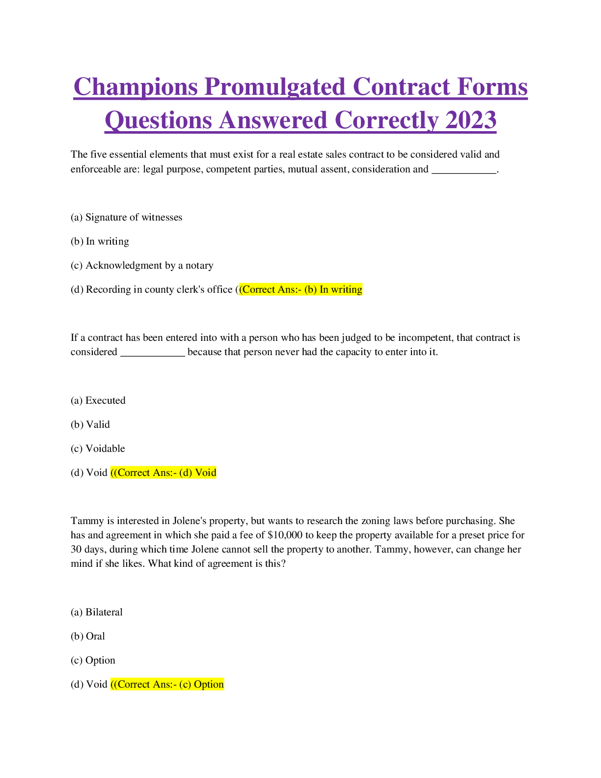 Preview of Champions Promulgated Contract Forms Questions Answered Correctly 2023